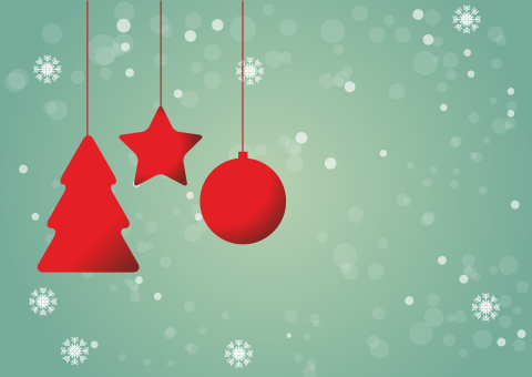Graphic of three red Christmas ornaments hanging on thin red strings against a soft green background with light bokeh circles. The ornaments include a tree shape on the left, a star in the middle and a round bauble on the right. White snowflakes of various sizes are scattered around the background.