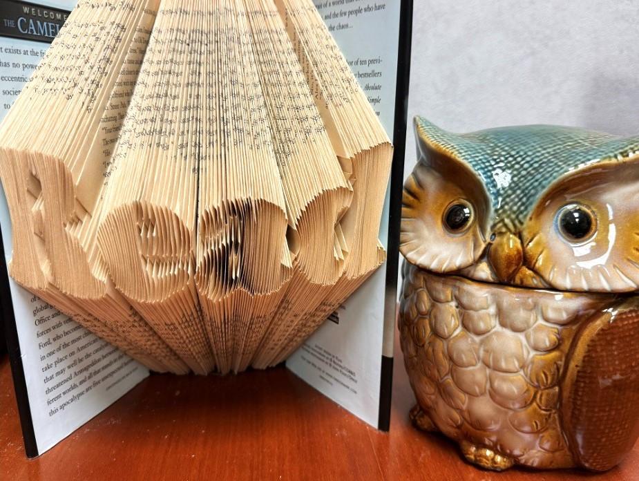 book with pages folded to spell "Read" and ceramic owl