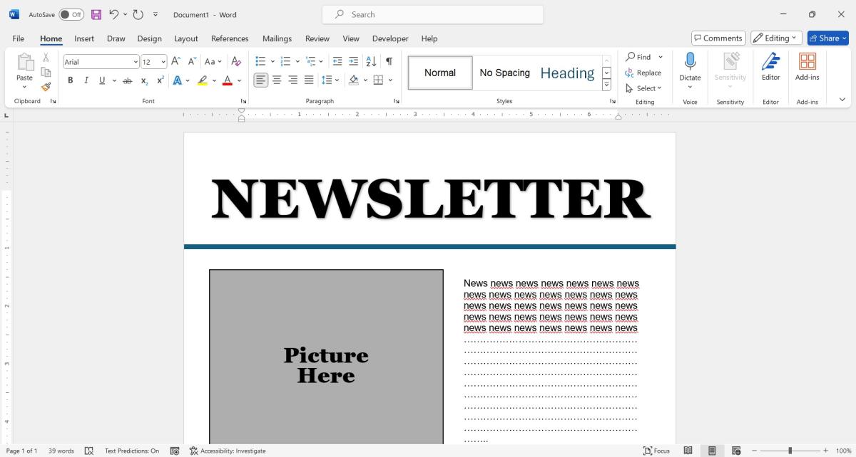 screenshot of newsletter being made in MS Word