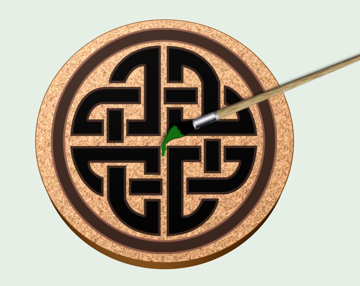 A digital rendering of a coaster with a Celtic knot design being painted with a brush.